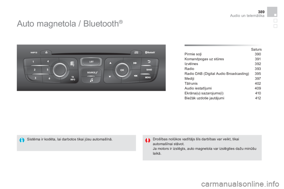 CITROEN DS4 2015 Lietošanas Instrukcija (in Latvian) 389
DS4_lv_Chap12d_RD5_ed02-2015
Auto magnetola / Bluetooth®
Saturs
Pirmie soļi
3 90
Komandpogas uz stūres
3
91
Izvēlnes
3
92
Radio
3
93
Radio DAB (Digital Audio Broadcasting)
3
95
Med CITROEN DS4 2015 Lietošanas Instrukcija (in Latvian) 389
DS4_lv_Chap12d_RD5_ed02-2015
Auto magnetola / Bluetooth®
Saturs
Pirmie soļi
3 90
Komandpogas uz stūres
3
91
Izvēlnes
3
92
Radio
3
93
Radio DAB (Digital Audio Broadcasting)
3
95
Med