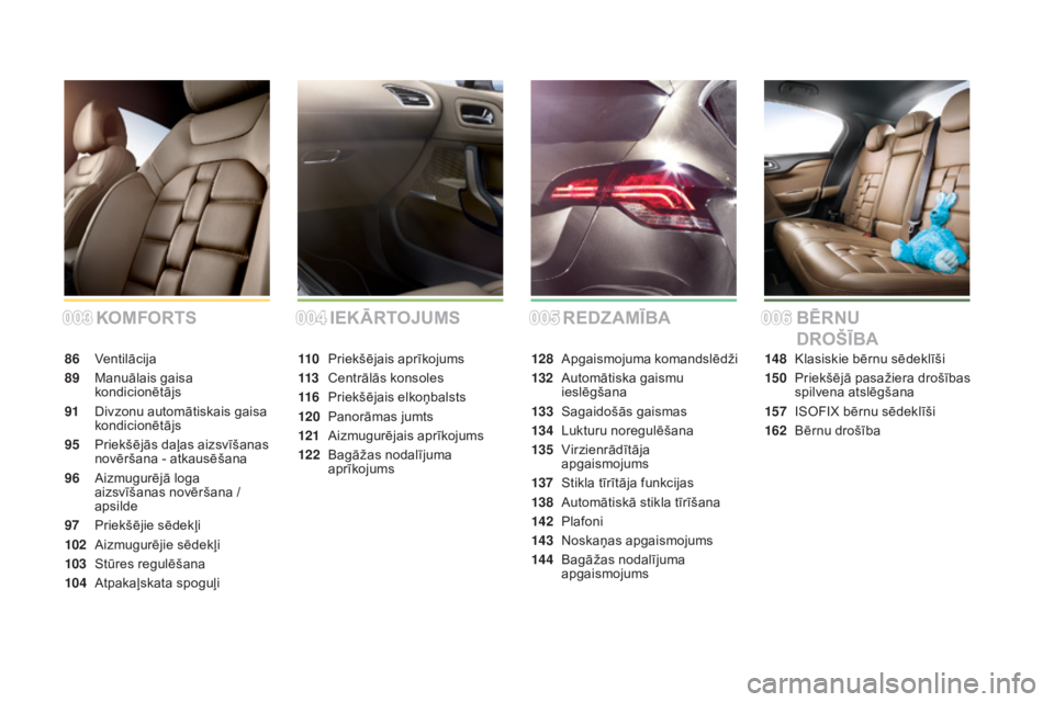 CITROEN DS4 2015 Lietošanas Instrukcija (in Latvian) DS4_lv_Chap00a_sommaire_ed02-2015
KOmFORTS
86 Ventilācija
89
M
anuālais gaisa
kondicionētājs
91
D
ivzonu automātiskais gaisa
kondicionētājs
95
P
riekšējās daļas aizsvīšanas
novē CITROEN DS4 2015 Lietošanas Instrukcija (in Latvian) DS4_lv_Chap00a_sommaire_ed02-2015
KOmFORTS
86 Ventilācija
89
M
anuālais gaisa
kondicionētājs
91
D
ivzonu automātiskais gaisa
kondicionētājs
95
P
riekšējās daļas aizsvīšanas
novē