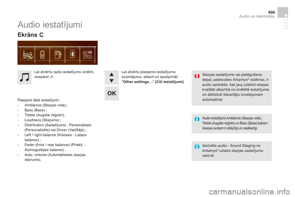 CITROEN DS4 2015  Lietošanas Instrukcija (in Latvian) 409
DS4_lv_Chap12d_RD5_ed02-2015
Audio iestatījumi Ambience (Skaņas vide), 
Treble (Augstie reģistri) un Bass (Bass) katram 
skaņas avotam ir atšķirīgi un neatkarīgi.
Iebūvēts audio - Sound  CITROEN DS4 2015  Lietošanas Instrukcija (in Latvian) 409
DS4_lv_Chap12d_RD5_ed02-2015
Audio iestatījumi Ambience (Skaņas vide), 
Treble (Augstie reģistri) un Bass (Bass) katram 
skaņas avotam ir atšķirīgi un neatkarīgi.
Iebūvēts audio - Sound