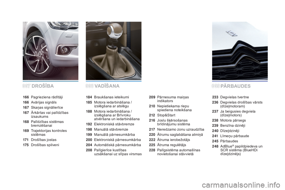 CITROEN DS4 2015 Lietošanas Instrukcija (in Latvian) DS4_lv_Chap00a_sommaire_ed02-2015
DROšĪBAPĀRBAuD ES
VA DĪšA
N A
184 Braukšanas ieteikumi
185
M
otora iedarbināšana /
izslēgšana ar atslēgu
188
M
otora iedarbināšana /
izslēgšana a CITROEN DS4 2015 Lietošanas Instrukcija (in Latvian) DS4_lv_Chap00a_sommaire_ed02-2015
DROšĪBAPĀRBAuD ES
VA DĪšA
N A
184 Braukšanas ieteikumi
185
M
otora iedarbināšana /
izslēgšana ar atslēgu
188
M
otora iedarbināšana /
izslēgšana a