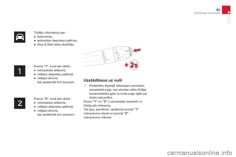 CITROEN DS4 2015 Lietošanas Instrukcija (in Latvian) 53
DS4_lv_Chap01_controle-de-marche_ed02-2015
- Tūlītēju informāciju par :
● au tonomiju,
●
p
ašreizējo degvielas patēriņu,
●
S
top & Start laika skaitītāju.
-
P
osms "1& CITROEN DS4 2015 Lietošanas Instrukcija (in Latvian) 53
DS4_lv_Chap01_controle-de-marche_ed02-2015
- Tūlītēju informāciju par :
● au tonomiju,
●
p
ašreizējo degvielas patēriņu,
●
S
top & Start laika skaitītāju.
-
P
osms "1&