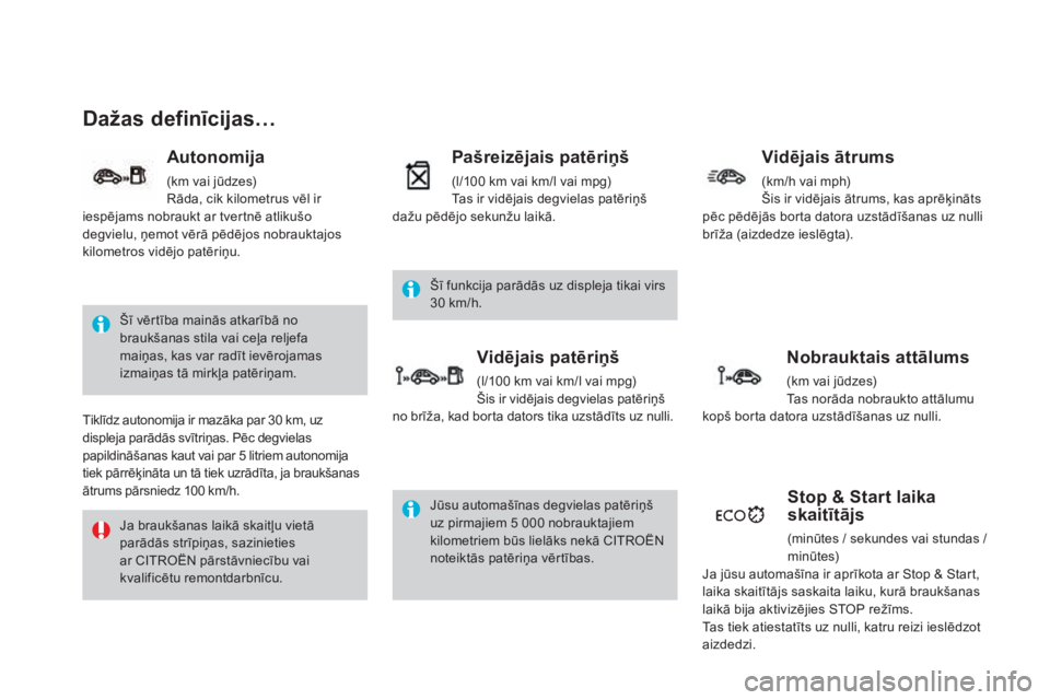 CITROEN DS4 2015 Lietošanas Instrukcija (in Latvian) DS4_lv_Chap01_controle-de-marche_ed02-2015
Dažas definīcijas…
Šī vērtība mainās atkarībā no
braukšanas stila vai ceļa reljefa
maiņas, kas var radīt ievērojamas
izmaiņas tā mirkļa CITROEN DS4 2015 Lietošanas Instrukcija (in Latvian) DS4_lv_Chap01_controle-de-marche_ed02-2015
Dažas definīcijas…
Šī vērtība mainās atkarībā no
braukšanas stila vai ceļa reljefa
maiņas, kas var radīt ievērojamas
izmaiņas tā mirkļa