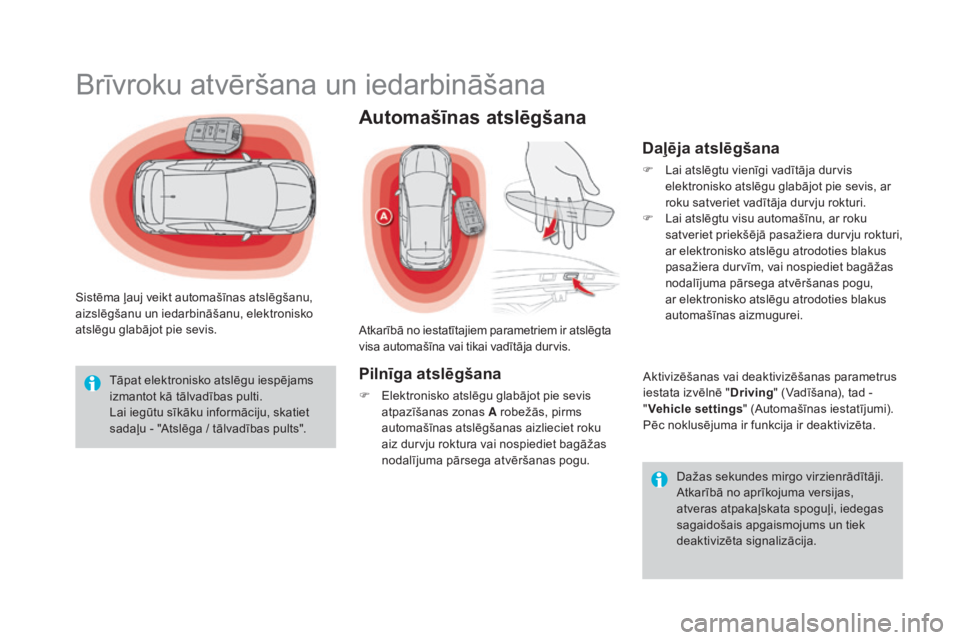 CITROEN DS4 2015 Lietošanas Instrukcija (in Latvian) DS4_lv_Chap02_ouvertures_ed02-2015
Brīvroku atvēršana un iedarbināšana
Sistēma ļauj veikt automašīnas atslēgšanu,
aizslēgšanu un iedarbināšanu, elektronisko
atslēgu glabājot pie sev CITROEN DS4 2015 Lietošanas Instrukcija (in Latvian) DS4_lv_Chap02_ouvertures_ed02-2015
Brīvroku atvēršana un iedarbināšana
Sistēma ļauj veikt automašīnas atslēgšanu,
aizslēgšanu un iedarbināšanu, elektronisko
atslēgu glabājot pie sev