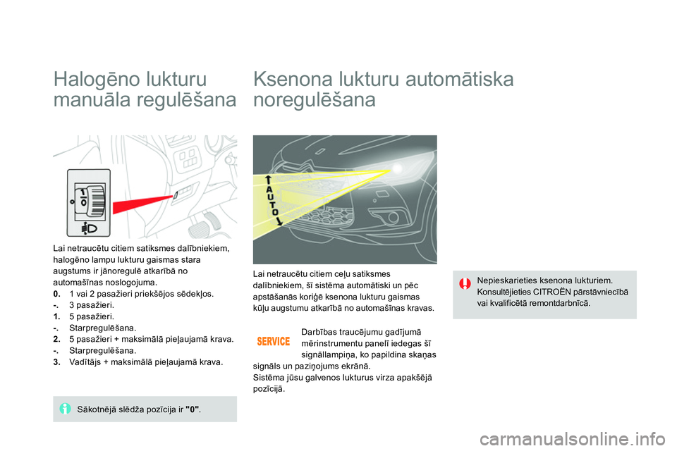 CITROEN DS4 2014 Lietošanas Instrukcija (in Latvian)
Ksenona lukturu automātiska
noregulēšana
Nepieskarieties ksenona lukturiem.
Konsultējieties CITROËN pārstāvniecībā
vai kvalificētā remontdarbnīcā. Lai n CITROEN DS4 2014 Lietošanas Instrukcija (in Latvian)
Ksenona lukturu automātiska
noregulēšana
Nepieskarieties ksenona lukturiem.
Konsultējieties CITROËN pārstāvniecībā
vai kvalificētā remontdarbnīcā. Lai n