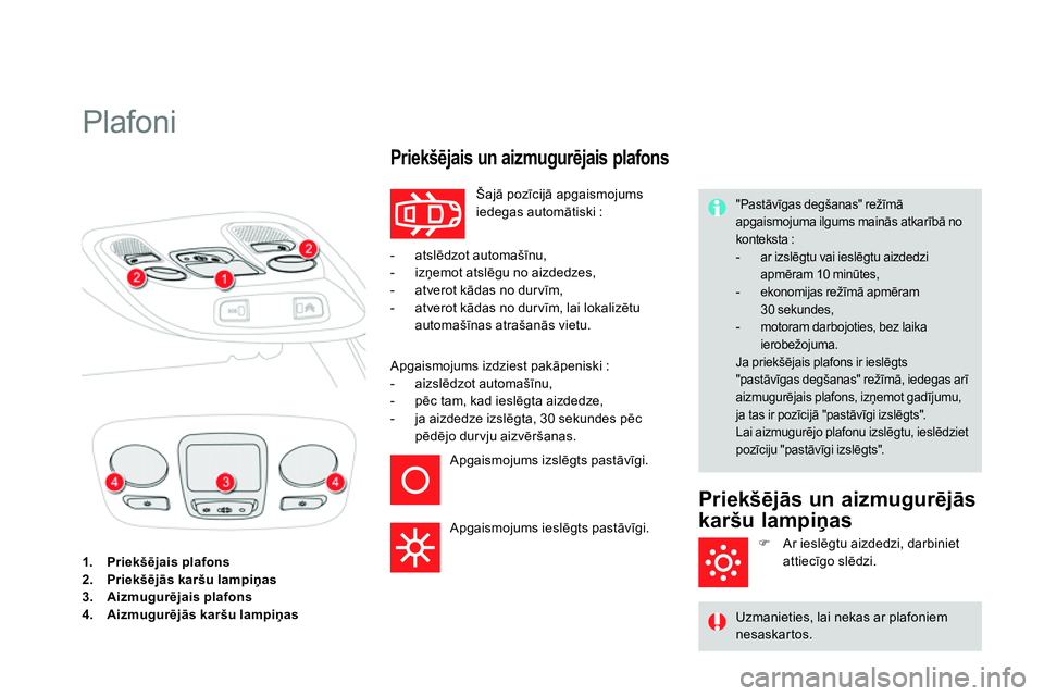 CITROEN DS4 2014 Lietošanas Instrukcija (in Latvian)
1.
Priekšējais plafons
2.
Priekšējās
karšu lampiņas
3.
Aizmugurējais plafons
4.
Aizmugurējās karšu lampiņas
Plafoni CITROEN DS4 2014 Lietošanas Instrukcija (in Latvian)
1.
Priekšējais plafons
2.
Priekšējās
karšu lampiņas
3.
Aizmugurējais plafons
4.
Aizmugurējās karšu lampiņas
Plafoni