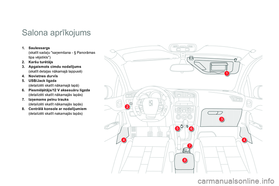 CITROEN DS4 2014  Lietošanas Instrukcija (in Latvian)    
 
 
 
 
 
 
 
 
 
 
 
 
 
Salona aprīkojums 
 
 
 
1. 
  Saulessargs  
 
 
 (skatīt sadaļu "saņemšana - § Panorāmas 
tipa vējstikls") 
   
2. 
  Karšu turētājs 
 
   
3. 
  Apgaismots c