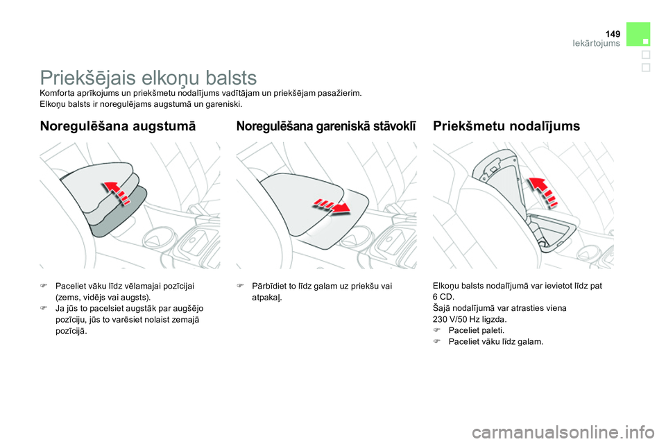 CITROEN DS4 2014 Lietošanas Instrukcija (in Latvian) 149Iekārtojums
Priekšējais elkoņu balsts
Komfor ta aprīkojums un priekšmetu nodalījums vadītājam un priekšējam pasažierim.
Elkoņu balsts ir noregulējams augstumā CITROEN DS4 2014 Lietošanas Instrukcija (in Latvian) 149Iekārtojums
Priekšējais elkoņu balsts
Komfor ta aprīkojums un priekšmetu nodalījums vadītājam un priekšējam pasažierim.
Elkoņu balsts ir noregulējams augstumā
