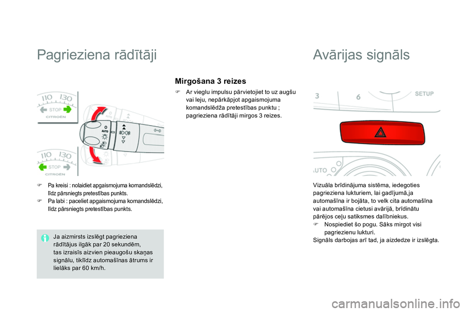 CITROEN DS4 2014 Lietošanas Instrukcija (in Latvian)
Pagrieziena rādītāji
Pa kreisi : nolaidiet apgaismojuma komandslēdzi,
līdz pārsniegts pretestības punkts.
Pa labi : paceliet apgaismojuma komand CITROEN DS4 2014 Lietošanas Instrukcija (in Latvian)
Pagrieziena rādītāji
Pa kreisi : nolaidiet apgaismojuma komandslēdzi,
līdz pārsniegts pretestības punkts.
Pa labi : paceliet apgaismojuma komand