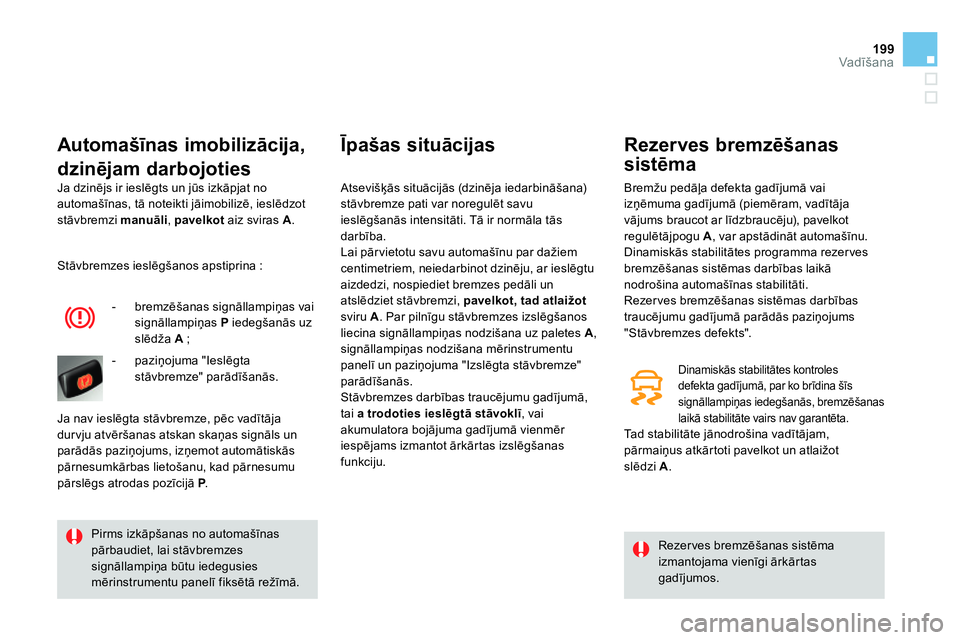 CITROEN DS4 2014 Lietošanas Instrukcija (in Latvian) 199Vadīšana
Ja dzinējs ir ieslēgts un jūs izkāpjat no
automašīnas, tā noteikti jāimobilizē, ieslēdzot
stāvbremzi manuāli
, pavelkot
aiz sviras A
.
Automašīnas imobiliz CITROEN DS4 2014 Lietošanas Instrukcija (in Latvian) 199Vadīšana
Ja dzinējs ir ieslēgts un jūs izkāpjat no
automašīnas, tā noteikti jāimobilizē, ieslēdzot
stāvbremzi manuāli
, pavelkot
aiz sviras A
.
Automašīnas imobiliz