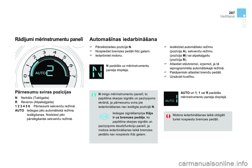 CITROEN DS4 2014 Lietošanas Instrukcija (in Latvian) 207Vadīšana
Pārnesumu sviras pozīcijas
N
Neitrāls (Tukšgaita)
R
Reverss (Atpakaļgaita)
1 2 3 4 5 6
Pārnesumi sekvenču režīmā
AUTO
Iedegas pēc automātisk CITROEN DS4 2014 Lietošanas Instrukcija (in Latvian) 207Vadīšana
Pārnesumu sviras pozīcijas
N
Neitrāls (Tukšgaita)
R
Reverss (Atpakaļgaita)
1 2 3 4 5 6
Pārnesumi sekvenču režīmā
AUTO
Iedegas pēc automātisk