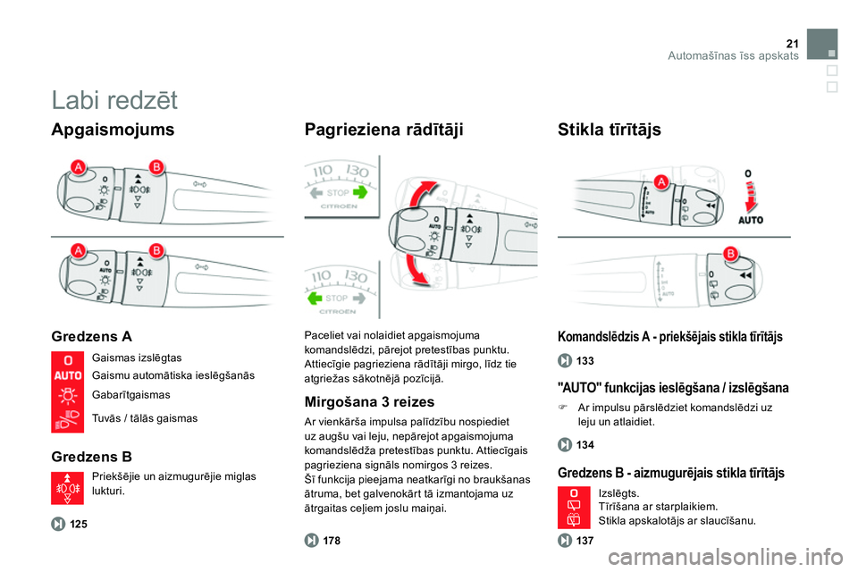 CITROEN DS4 2014 Lietošanas Instrukcija (in Latvian) 21Automašīnas īss apskats
Labi redzēt
Apgaismojums
Gredzens A
Gredzens B
Pagrieziena rādītāji
125
Paceliet vai nolaidiet apgaismojuma
komandslēdzi, pārejot CITROEN DS4 2014 Lietošanas Instrukcija (in Latvian) 21Automašīnas īss apskats
Labi redzēt
Apgaismojums
Gredzens A
Gredzens B
Pagrieziena rādītāji
125
Paceliet vai nolaidiet apgaismojuma
komandslēdzi, pārejot