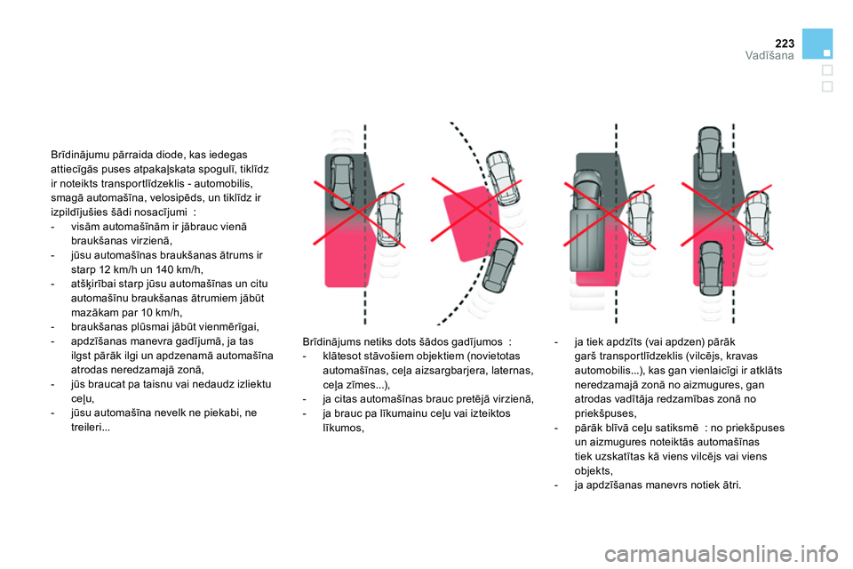 CITROEN DS4 2014 Lietošanas Instrukcija (in Latvian) 223Vadīšana
Brīdinājums netiks dots šādos gadījumos :
- klātesot stāvošiem objektiem (novietotas
automašīnas, ceļa aizsargbarjera, laternas,
ceļa zīmes...),
- ja c CITROEN DS4 2014 Lietošanas Instrukcija (in Latvian) 223Vadīšana
Brīdinājums netiks dots šādos gadījumos :
- klātesot stāvošiem objektiem (novietotas
automašīnas, ceļa aizsargbarjera, laternas,
ceļa zīmes...),
- ja c