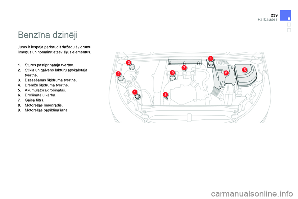 CITROEN DS4 2014 Lietošanas Instrukcija (in Latvian) 239Pārbaudes
Benzīna dzinēji
Jums ir iespēja pārbaudīt dažādu šķidrumu
līmeņus un nomainīt atsevišķus elementus.
1.
Stūres pastiprinātāja t CITROEN DS4 2014 Lietošanas Instrukcija (in Latvian) 239Pārbaudes
Benzīna dzinēji
Jums ir iespēja pārbaudīt dažādu šķidrumu
līmeņus un nomainīt atsevišķus elementus.
1.
Stūres pastiprinātāja t