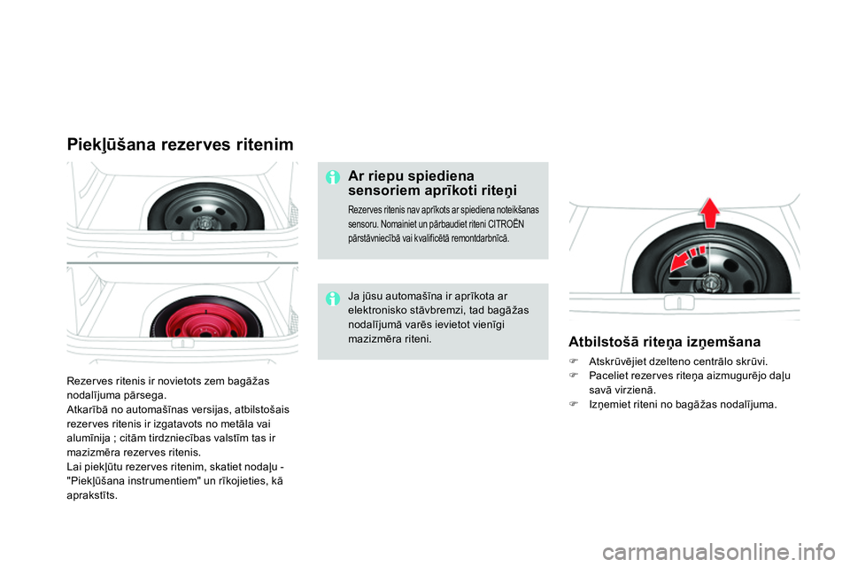 CITROEN DS4 2014 Lietošanas Instrukcija (in Latvian) Rezerves ritenis ir novietots zem bagāžas
nodalījuma pārsega.
Atkarībā no automašīnas versijas, atbilstošais
rezerves ritenis ir izgatavots no metāla vai
alumīnija ; citām tirdznie CITROEN DS4 2014 Lietošanas Instrukcija (in Latvian) Rezerves ritenis ir novietots zem bagāžas
nodalījuma pārsega.
Atkarībā no automašīnas versijas, atbilstošais
rezerves ritenis ir izgatavots no metāla vai
alumīnija ; citām tirdznie