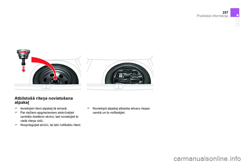 CITROEN DS4 2014 Lietošanas Instrukcija (in Latvian) 257Praktiskā informācija
Atbilstošā riteņa novietošana
atpakaļ
Novietojot atpakaļ atbalsta ietvaru riepas
centrā un to nofiksējiet.
Ievietojiet riteni atpak CITROEN DS4 2014 Lietošanas Instrukcija (in Latvian) 257Praktiskā informācija
Atbilstošā riteņa novietošana
atpakaļ
Novietojot atpakaļ atbalsta ietvaru riepas
centrā un to nofiksējiet.
Ievietojiet riteni atpak