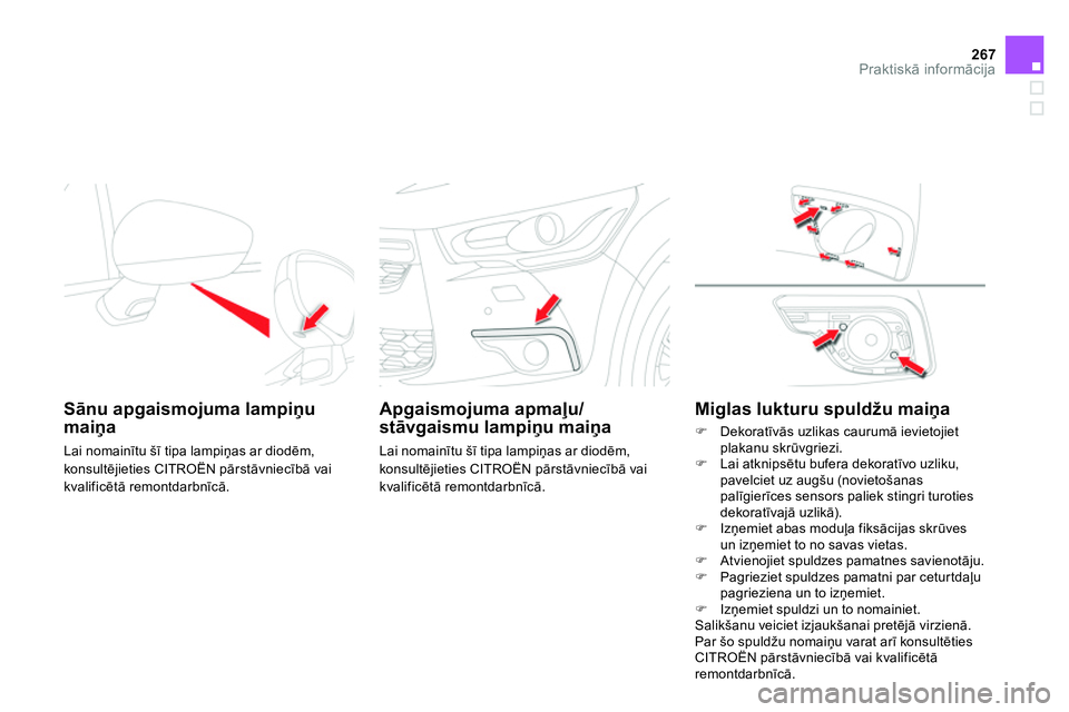 CITROEN DS4 2014 Lietošanas Instrukcija (in Latvian) 267Praktiskā informācija
Sānu apgaismojuma lampiņu
maiņa
Lai nomainītu šī tipa lampiņas ar diodēm,
konsultējieties CITROËN pārstāvniecībā vai
kvalificētā remon CITROEN DS4 2014 Lietošanas Instrukcija (in Latvian) 267Praktiskā informācija
Sānu apgaismojuma lampiņu
maiņa
Lai nomainītu šī tipa lampiņas ar diodēm,
konsultējieties CITROËN pārstāvniecībā vai
kvalificētā remon