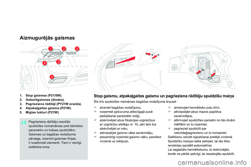CITROEN DS4 2014 Lietošanas Instrukcija (in Latvian)
1.
Stop gaismas (P21/5W).
2.
Gabarītgaismas
(diodes).
3.
Pagrieziena rādītāji (PY21W oranža)
.
4.
Atpakaļgaitas gaisma (P21W).
5.
Miglas l CITROEN DS4 2014 Lietošanas Instrukcija (in Latvian)
1.
Stop gaismas (P21/5W).
2.
Gabarītgaismas
(diodes).
3.
Pagrieziena rādītāji (PY21W oranža)
.
4.
Atpakaļgaitas gaisma (P21W).
5.
Miglas l