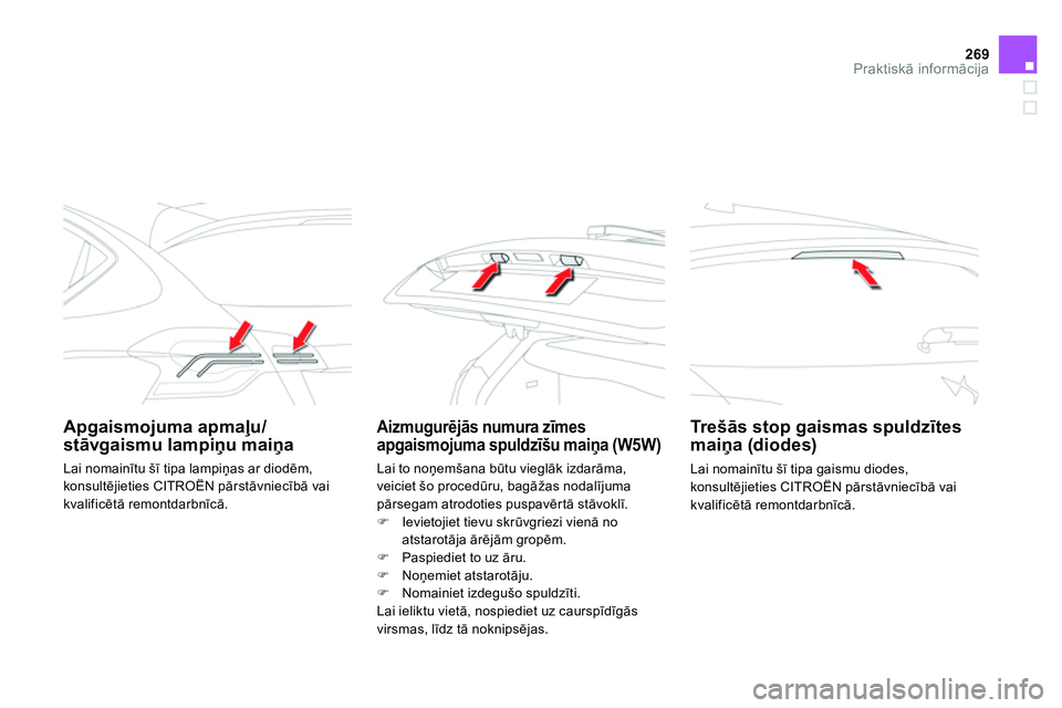 CITROEN DS4 2014 Lietošanas Instrukcija (in Latvian) 269Praktiskā informācija
Apgaismojuma apmaļu/
stāvgaismu lampiņu maiņa
Aizmugurējās numura zīmes
apgaismojuma spuldzīšu maiņa (W5W)
Tr e šās stop gaismas s CITROEN DS4 2014 Lietošanas Instrukcija (in Latvian) 269Praktiskā informācija
Apgaismojuma apmaļu/
stāvgaismu lampiņu maiņa
Aizmugurējās numura zīmes
apgaismojuma spuldzīšu maiņa (W5W)
Tr e šās stop gaismas s