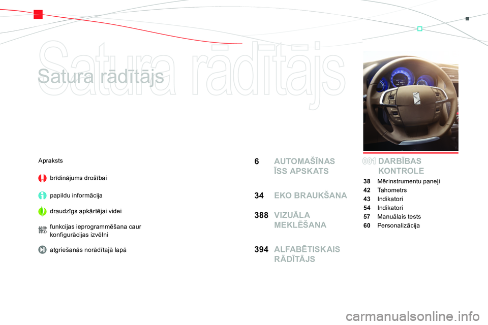 CITROEN DS4 2014  Lietošanas Instrukcija (in Latvian)   Satura rādītājs 
   
Satura rādītājs  
6  AUTOMAŠĪNAS 
ĪSS APSKATS
34 EKO BRAUKŠANA
388  VIZUĀLA 
MEKLĒŠANA
394  ALFABĒTISKAIS 
RĀDĪTĀJSDARBĪBAS 
KONTROLE
38 Mērinstrumentu paneļ