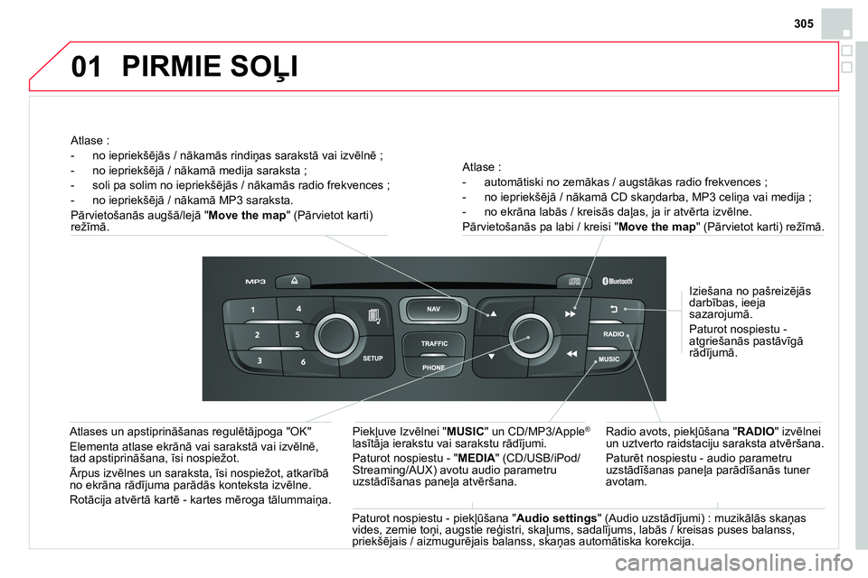 CITROEN DS4 2014 Lietošanas Instrukcija (in Latvian) 01
305
Atlase :
- automātiski no zemākas / augstākas radio frekvences ;
- no iepriekšējā / nākamā CD skaņdarba, MP3 celiņa vai medija ;
- no ekrāna labās / kreisās CITROEN DS4 2014 Lietošanas Instrukcija (in Latvian) 01
305
Atlase :
- automātiski no zemākas / augstākas radio frekvences ;
- no iepriekšējā / nākamā CD skaņdarba, MP3 celiņa vai medija ;
- no ekrāna labās / kreisās