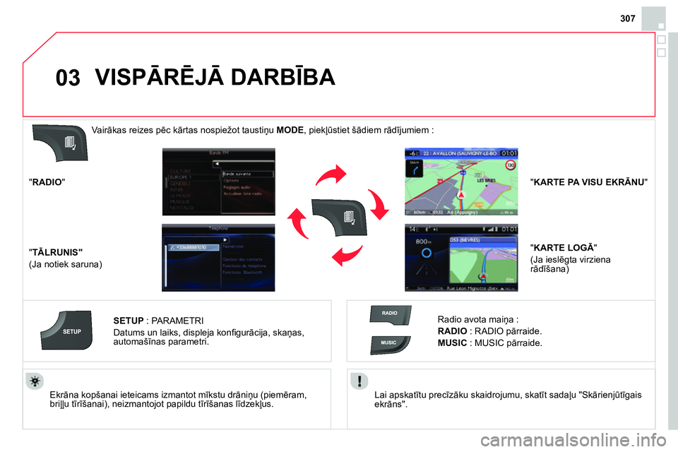 CITROEN DS4 2014 Lietošanas Instrukcija (in Latvian) 03
307
Lai apskatītu precīzāku skaidrojumu, skatīt sadaļu "Skārienjūtīgais
ekrāns".
Ekrāna kopšanai ieteicams izmantot mīkstu drāniņu (piemēram,
briļļu tīrīšanai), ne CITROEN DS4 2014 Lietošanas Instrukcija (in Latvian) 03
307
Lai apskatītu precīzāku skaidrojumu, skatīt sadaļu "Skārienjūtīgais
ekrāns".
Ekrāna kopšanai ieteicams izmantot mīkstu drāniņu (piemēram,
briļļu tīrīšanai), ne
