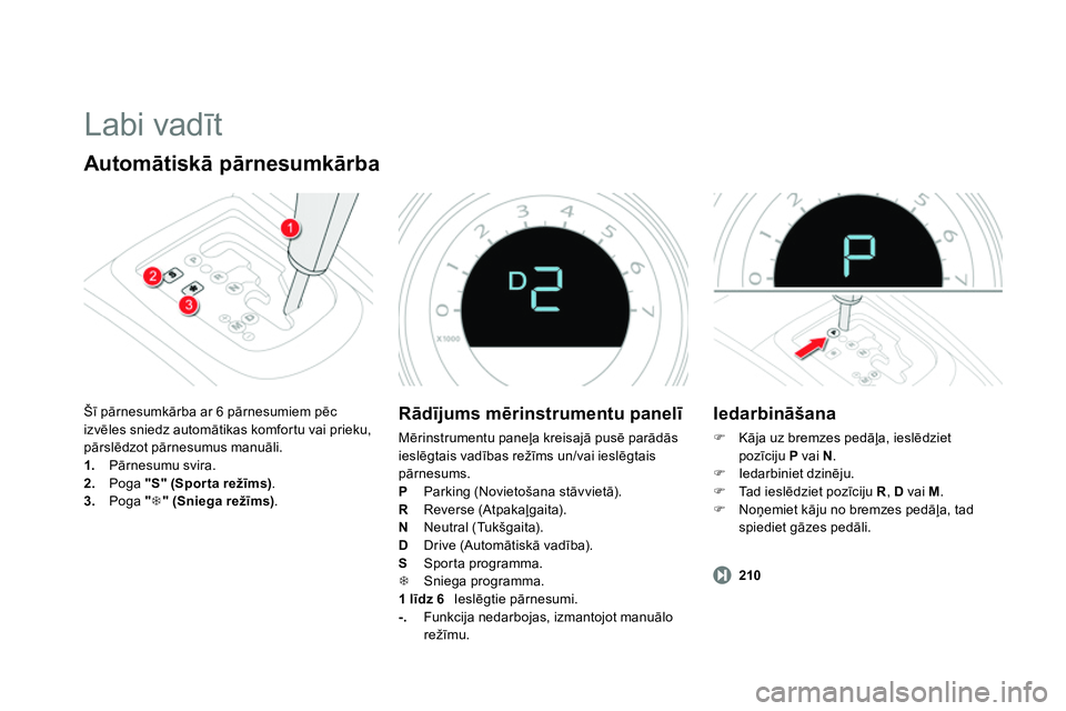CITROEN DS4 2014 Lietošanas Instrukcija (in Latvian) Labi vadīt
Automātiskā pārnesumkārba
Šī pārnesumkārba ar 6 pārnesumiem pēc
izvēles sniedz automātikas komfortu vai prieku,
pārslēdzot pārnesumus manuāli.
1.
Pārn CITROEN DS4 2014 Lietošanas Instrukcija (in Latvian) Labi vadīt
Automātiskā pārnesumkārba
Šī pārnesumkārba ar 6 pārnesumiem pēc
izvēles sniedz automātikas komfortu vai prieku,
pārslēdzot pārnesumus manuāli.
1.
Pārn