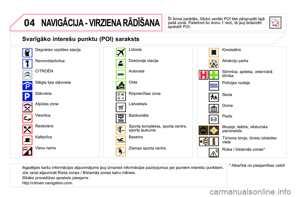 CITROEN DS4 2014 Lietošanas Instrukcija (in Latvian) 04 NAVIGĀCIJA - VIRZIENA RĀDĪŠANA
Šī ikona parādās, līdzko vairāki POI tiek pārgrupēti tajā
pašā zonā. Palielinot šo ikonu 1 reizi, tā ļauj detalizēti
apskatīt POI.
Deg CITROEN DS4 2014 Lietošanas Instrukcija (in Latvian) 04 NAVIGĀCIJA - VIRZIENA RĀDĪŠANA
Šī ikona parādās, līdzko vairāki POI tiek pārgrupēti tajā
pašā zonā. Palielinot šo ikonu 1 reizi, tā ļauj detalizēti
apskatīt POI.
Deg
