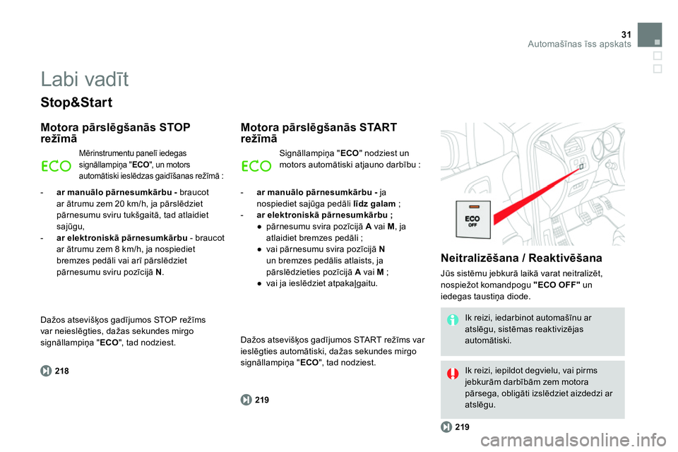 CITROEN DS4 2014 Lietošanas Instrukcija (in Latvian) 31Automašīnas īss apskats
Stop&Start
Motora pārslēgšanās STOP
režīmā
218
Mērinstrumentu panelī iedegas
signāllampiņa " ECO
", un motor s
automātiski ieslēdzas CITROEN DS4 2014 Lietošanas Instrukcija (in Latvian) 31Automašīnas īss apskats
Stop&Start
Motora pārslēgšanās STOP
režīmā
218
Mērinstrumentu panelī iedegas
signāllampiņa " ECO
", un motor s
automātiski ieslēdzas