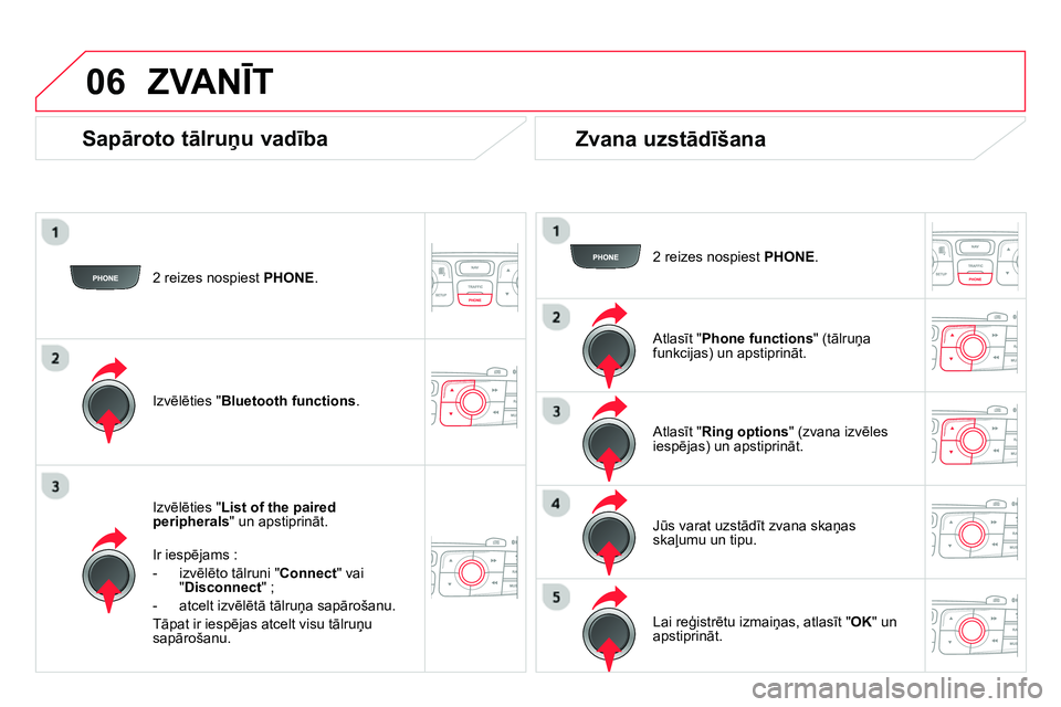 CITROEN DS4 2014 Lietošanas Instrukcija (in Latvian) 06
2 reizes nospiest PHONE
.
Izvēlēties " List of the paired
peripherals
" un apstiprināt.
Ir iespējams :
- izvēlēto tālruni " Connect
" vai
" Disconnect
" ;
CITROEN DS4 2014 Lietošanas Instrukcija (in Latvian) 06
2 reizes nospiest PHONE
.
Izvēlēties " List of the paired
peripherals
" un apstiprināt.
Ir iespējams :
- izvēlēto tālruni " Connect
" vai
" Disconnect
" ;