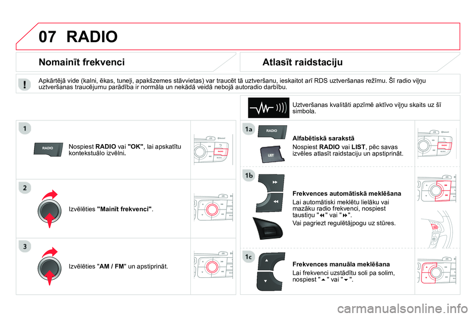CITROEN DS4 2014 Lietošanas Instrukcija (in Latvian) 07 RADIO
Alfabētiskā sarakstā
Nospiest RADIO
vai LIST
, pēc savas
izvēles atlasīt raidstaciju un apstiprināt.
Frekvences automātiskā meklēšana
Lai automātiski mekl CITROEN DS4 2014 Lietošanas Instrukcija (in Latvian) 07 RADIO
Alfabētiskā sarakstā
Nospiest RADIO
vai LIST
, pēc savas
izvēles atlasīt raidstaciju un apstiprināt.
Frekvences automātiskā meklēšana
Lai automātiski mekl