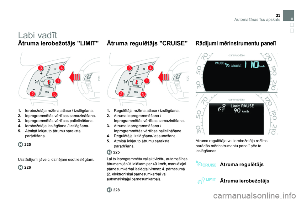 CITROEN DS4 2014 Lietošanas Instrukcija (in Latvian) 33Automašīnas īss apskats
Labi vadīt
1.
Ierobežotāja režīma atlase / izslēgšana.
2.
Ieprogrammētās vērtības samazināšana.
3.
Ieprogrammētās vērtības paliel CITROEN DS4 2014 Lietošanas Instrukcija (in Latvian) 33Automašīnas īss apskats
Labi vadīt
1.
Ierobežotāja režīma atlase / izslēgšana.
2.
Ieprogrammētās vērtības samazināšana.
3.
Ieprogrammētās vērtības paliel