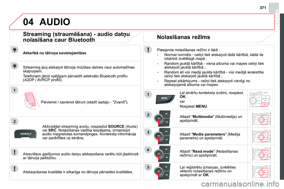 CITROEN DS4 2014 Lietošanas Instrukcija (in Latvian) 371
04 AUDIO
Streaming (straumēšana) - audio datņu
nolasīšana caur Bluetooth
Atkarībā no tālruņa savietojamības
Pievienot / savienot tālruni (skatīt sadaļu - " CITROEN DS4 2014 Lietošanas Instrukcija (in Latvian) 371
04 AUDIO
Streaming (straumēšana) - audio datņu
nolasīšana caur Bluetooth
Atkarībā no tālruņa savietojamības
Pievienot / savienot tālruni (skatīt sadaļu - "