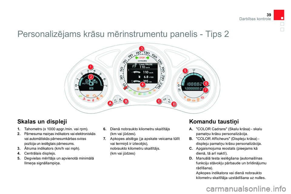 CITROEN DS4 2014 Lietošanas Instrukcija (in Latvian) 39Darbības kontrole
1.
Tahometrs (x 1000 apgr./min. vai rpm).
2.
Pārnesuma maiņas indikators vai elektroniskās
vai automātiskās pārnesumkārbas sviras
pozīcija un ieslēgtais CITROEN DS4 2014 Lietošanas Instrukcija (in Latvian) 39Darbības kontrole
1.
Tahometrs (x 1000 apgr./min. vai rpm).
2.
Pārnesuma maiņas indikators vai elektroniskās
vai automātiskās pārnesumkārbas sviras
pozīcija un ieslēgtais