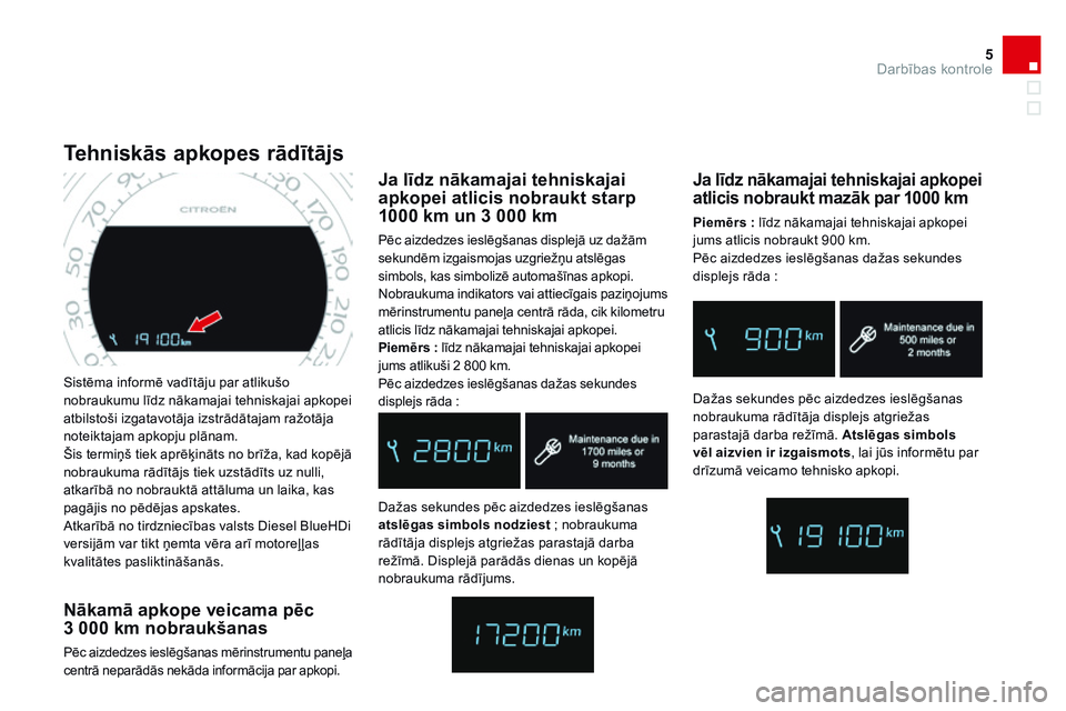 CITROEN DS4 2014  Lietošanas Instrukcija (in Latvian) 5Darbības kontrole
DS4-add_lv_Chap01_controle-de-marche_ed02-2013
 Sistēma informē vadītāju par atlikušo nobraukumu līdz nākamajai tehniskajai apkopei atbilstoši izgatavotāja izstrādātajam