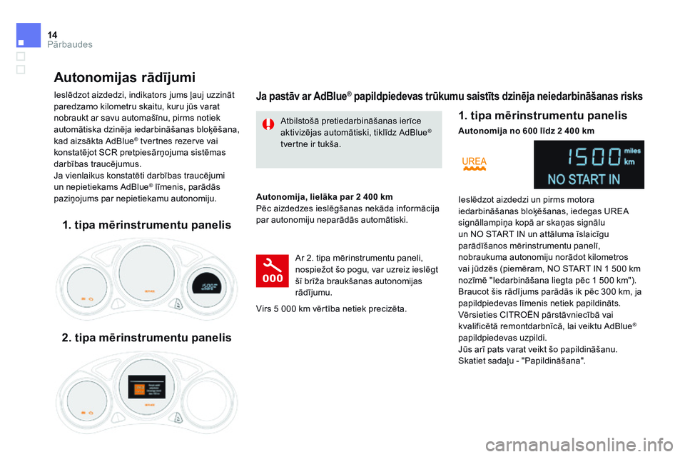 CITROEN DS4 2014 Lietošanas Instrukcija (in Latvian) 14Pārbaudes
Atbilstošā pretiedarbināšanas ierīce aktivizējas automātiski, tiklīdz AdBlue ®
tvertne ir tukša.
A u t o n o m i j a s r ā d ī j u m i
Ieslēdzot aizdedzi, ind CITROEN DS4 2014 Lietošanas Instrukcija (in Latvian) 14Pārbaudes
Atbilstošā pretiedarbināšanas ierīce aktivizējas automātiski, tiklīdz AdBlue ®
tvertne ir tukša.
A u t o n o m i j a s r ā d ī j u m i
Ieslēdzot aizdedzi, ind