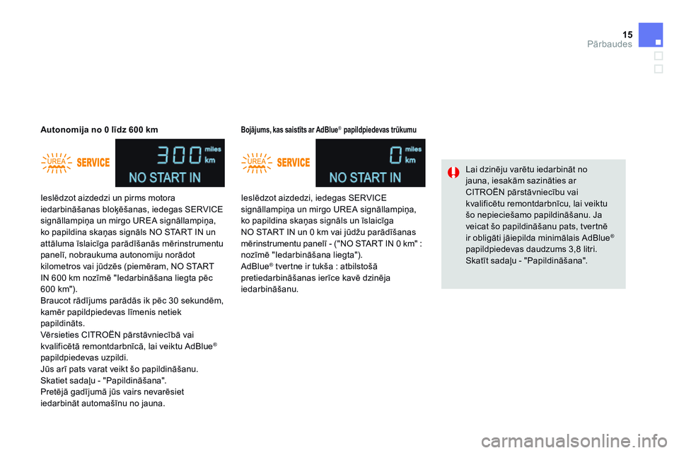CITROEN DS4 2014 Lietošanas Instrukcija (in Latvian) 15Pārbaudes
Ieslēdzot aizdedzi un pirms motora iedarbināšanas bloķēšanas, iedegas SERVICE signāllampiņa un mirgo UREA signāllampiņa, ko papildina skaņas signāls NO START IN un attāluma CITROEN DS4 2014 Lietošanas Instrukcija (in Latvian) 15Pārbaudes
Ieslēdzot aizdedzi un pirms motora iedarbināšanas bloķēšanas, iedegas SERVICE signāllampiņa un mirgo UREA signāllampiņa, ko papildina skaņas signāls NO START IN un attāluma
