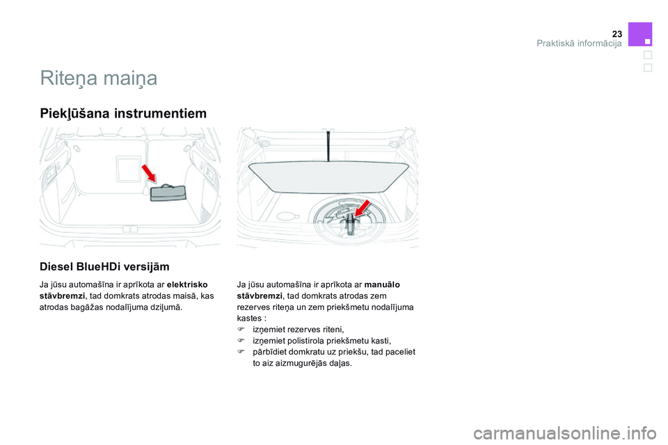 CITROEN DS4 2014 Lietošanas Instrukcija (in Latvian) 23Praktiskā informācija
Ds4-add_lv_Chap11_info-pratiques_ed02-2013
R i t e ņ a m a i ņ a
Piekļūšana instrumentiem
Diesel BlueHDi versijām
Ja jūsu automašīna ir aprīko CITROEN DS4 2014 Lietošanas Instrukcija (in Latvian) 23Praktiskā informācija
Ds4-add_lv_Chap11_info-pratiques_ed02-2013
R i t e ņ a m a i ņ a
Piekļūšana instrumentiem
Diesel BlueHDi versijām
Ja jūsu automašīna ir aprīko