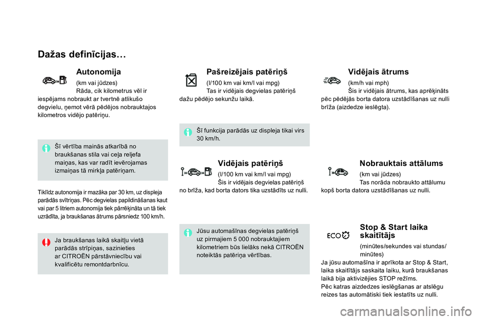 CITROEN DS4 2014 Lietošanas Instrukcija (in Latvian)
Dažas definīcijas…
Šī vērtība mainās atkarībā no
braukšanas stila vai ceļa reljefa
maiņas, kas var radīt ievērojamas
izmaiņas tā mirkļa patēriņam.
Ja brauk CITROEN DS4 2014 Lietošanas Instrukcija (in Latvian)
Dažas definīcijas…
Šī vērtība mainās atkarībā no
braukšanas stila vai ceļa reljefa
maiņas, kas var radīt ievērojamas
izmaiņas tā mirkļa patēriņam.
Ja brauk