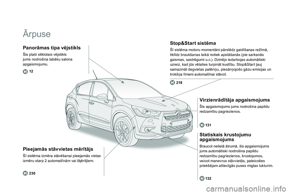 CITROEN DS4 2014  Lietošanas Instrukcija (in Latvian)   Ārpuse  
 
 
Pieejamās stāvvietas mērītājs 
 
Šī sistēma izmēra stāvēšanai pieejamās vietas 
izmēru starp 2 automašīnām vai šķēršļiem. 
 
 
Stop&Start sistēma 
 
Šī sistēm