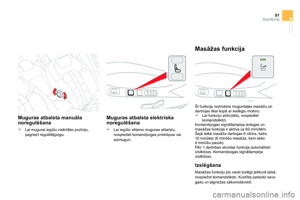 CITROEN DS4 2014 Lietošanas Instrukcija (in Latvian) 91Komfor ts
Muguras atbalsta manuāla
noregulēšana
Lai mugurai iegūtu visērtāko pozīciju,
pagriezt regulētājpogu.
Muguras atbalsta elektriska
noregulēšana CITROEN DS4 2014 Lietošanas Instrukcija (in Latvian) 91Komfor ts
Muguras atbalsta manuāla
noregulēšana
Lai mugurai iegūtu visērtāko pozīciju,
pagriezt regulētājpogu.
Muguras atbalsta elektriska
noregulēšana
