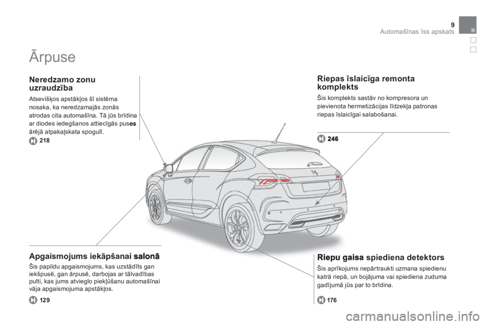 CITROEN DS4 2013  Lietošanas Instrukcija (in Latvian) 9Automašīnas īss apskats
 
Ārpuse  
 
 
Apgaismojums iekāpšanai salonā 
 
Šis papildu apgaismojums, kas uzstādīts gan 
iekšpusē, gan ārpusē, darbojas ar tālvadības pulti, kas jums atvi