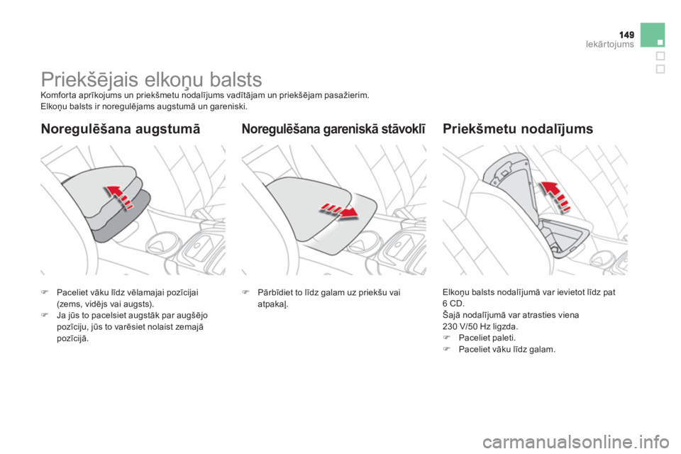 CITROEN DS4 2013  Lietošanas Instrukcija (in Latvian) Iekārtojums
 
 
 
 
 
 
 
 
 
Priekšējais elkoņu balsts  
Komforta aprīkojums un priekšmetu nodalījums vadītājam un priekšējam pasažierim.
 Elkoņu balsts ir noregulējams augstumā un gar