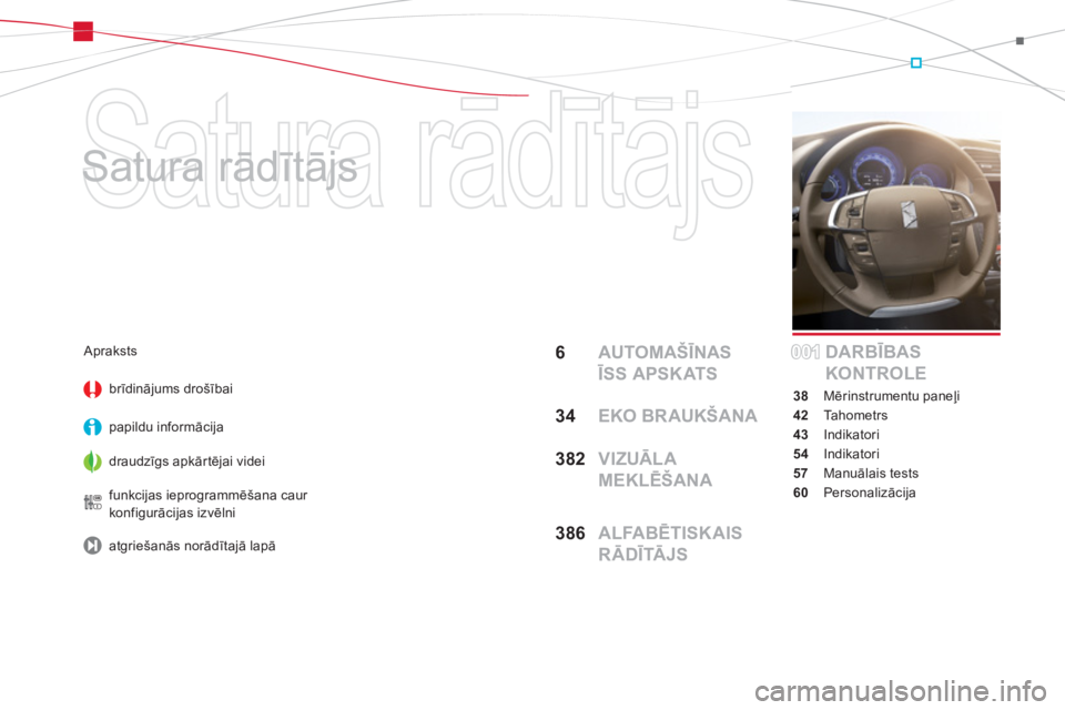 CITROEN DS4 2013  Lietošanas Instrukcija (in Latvian)   Satura rādītājs 
   
Satura rādītājs  
6  AUTOMAŠĪNAS 
ĪSS APSKATS
34EKO BRAUKŠANA
382  VIZUĀLA 
MEKLĒŠANA
38
6  ALFABĒTISKAIS 
RĀDĪTĀJSDARBĪBAS 
KONTROLE
38 Mērinstrumentu paneļ