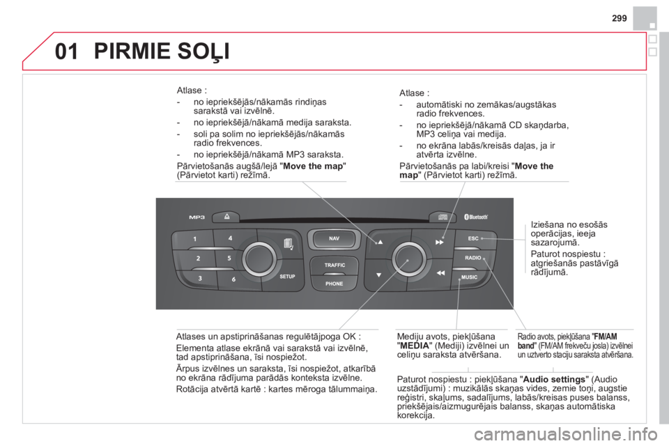 CITROEN DS4 2013  Lietošanas Instrukcija (in Latvian) 299
01
   
Atlase :
-  automātiski no zemākas
/augstākas 
radio frekvences. 
-  no iepriekšē
j—/nākamā CD skaņdarba,MP3 celiņa vai medija.
-  no ekrāna labās
/kreisās daļas, ja ir atv�