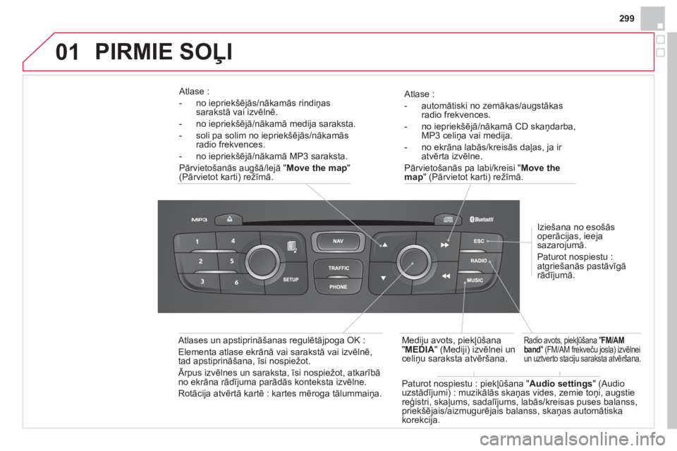 CITROEN DS4 2013  Lietošanas Instrukcija (in Latvian) 299
01
   
Atlase :
-  automātiski no zemākas
/augstākas 
radio frekvences. 
-  no iepriekšē
j—/nākamā CD skaņdarba,MP3 celiņa vai medija.
-  no ekrāna labās
/kreisās daļas, ja ir atv