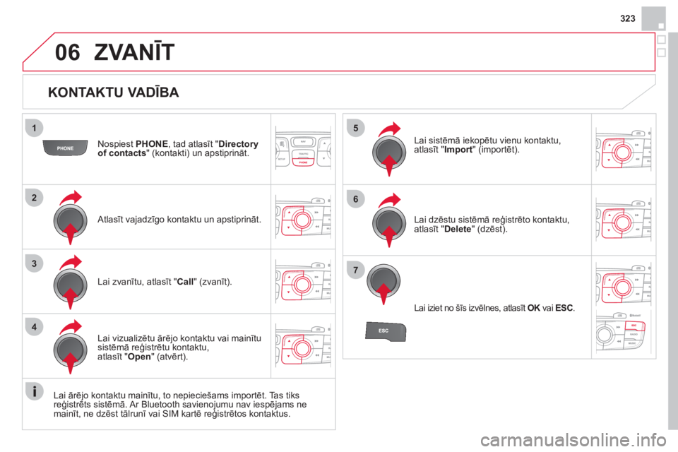 CITROEN DS4 2013  Lietošanas Instrukcija (in Latvian) 323
06
1
2
3
4
5
6
7
   
KONTAKTU VADĪBA 
Nospiest  PHONE, tad atlasīt "Directoryof contacts" (kontakti) un apstiprināt.
   
Atlasīt va
jadzīgo kontaktu un apstiprināt.  Lai sistēmā iekopētu 