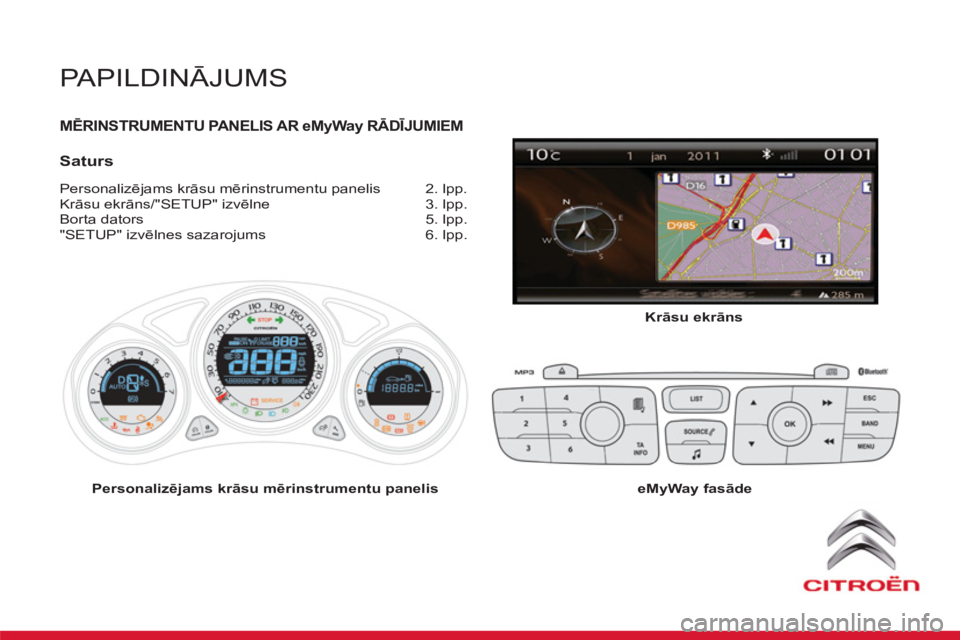 CITROEN DS4 2013 Lietošanas Instrukcija (in Latvian) PAPILDINĀJUMS
MĒRINSTRUMENTU PANELIS AR eMyWyayWW RĀDĪJUMIEM y
Saturs
Personalizējams krāsu mērinstrumentu panelis 2. lpp.
Krāsu ekrāns/"SETUP" izvēlne 3. lpp.
Borta dators 5. CITROEN DS4 2013 Lietošanas Instrukcija (in Latvian) PAPILDINĀJUMS
MĒRINSTRUMENTU PANELIS AR eMyWyayWW RĀDĪJUMIEM y
Saturs
Personalizējams krāsu mērinstrumentu panelis 2. lpp.
Krāsu ekrāns/"SETUP" izvēlne 3. lpp.
Borta dators 5.