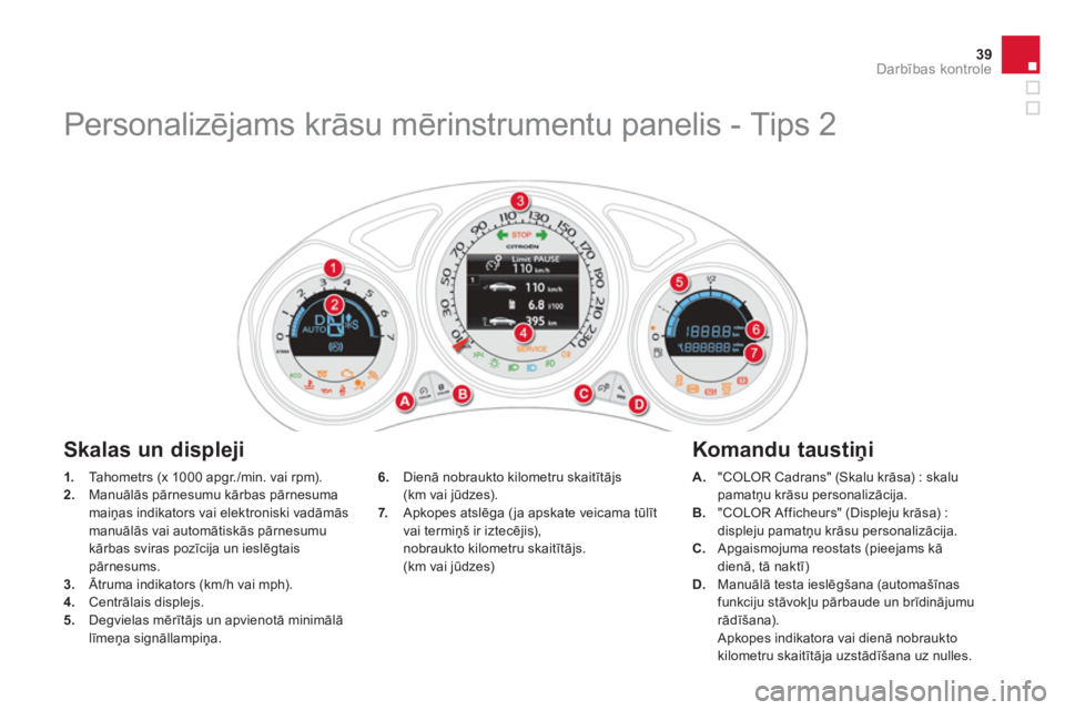 CITROEN DS4 2013  Lietošanas Instrukcija (in Latvian) 39Darbības kontrole
1. 
 Ta h o m e t r s  (x 1000 apgr./min. vai rpm).2.Manuālās pārnesumu kārbas pārnesuma maiņas indikators vai elektroniski vadāmās manuāl—s vai automātiskās pārnes
