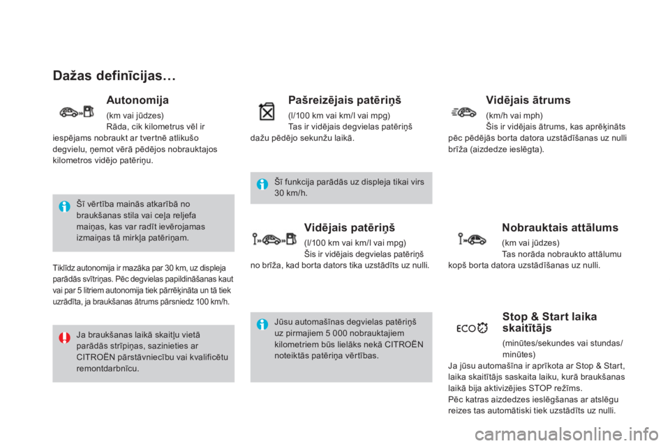 CITROEN DS4 2013  Lietošanas Instrukcija (in Latvian) Dažas definīcijas…
 Šī vērtība mainās atkarībā no braukšanas stila vai ceļa reljefamaiņas, kas var radīt ievērojamas izmaiņas tā mirkļa patēriņam.
 
Ja braukšanas laikā skaitļu
