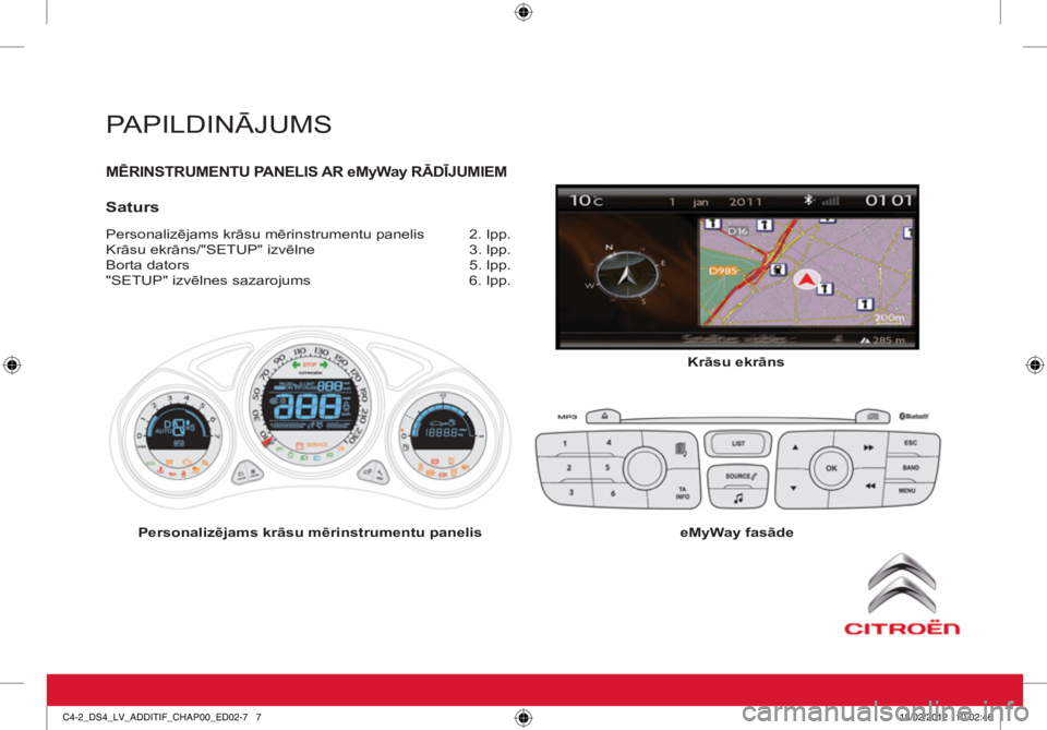 CITROEN DS4 2011  Lietošanas Instrukcija (in Latvian)   PAPILDINĀJUMS 
 
MĒRINSTRUMENTU PANELIS AR eMyWay RĀDĪJUMIEM 
 
 
Saturs 
 
Personalizējams krāsu mērinstrumentu panelis  2. lpp. 
  Krāsu ekrāns/"SETUP" izvēlne 3. lpp. 
  Borta dators  5